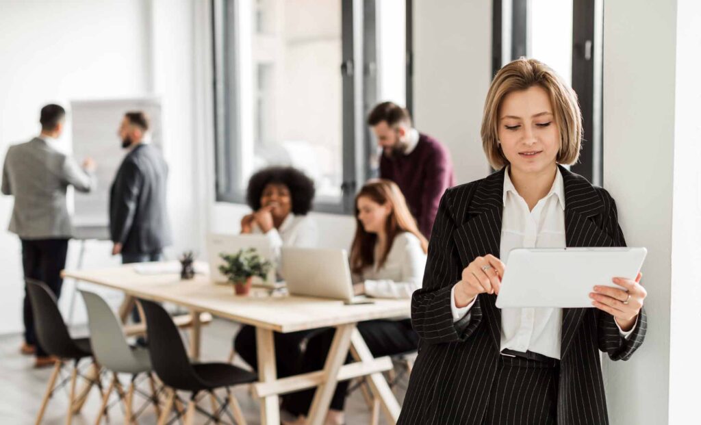 Front view of woman reading a paper